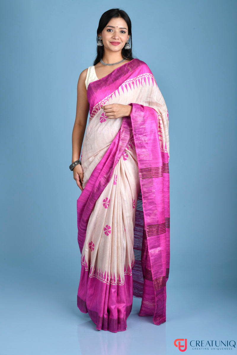 Handwoven Pure Silk Saree Adorned with Floral Motifs - Pink
