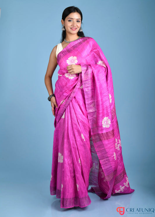 Handwoven Pure Silk Saree Adorned with Floral and Leaf Design - Pink