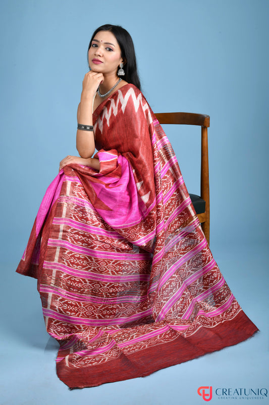 Handwoven Pure Silk Saree Adorned with Regal Geometric Design - Pink and Brown