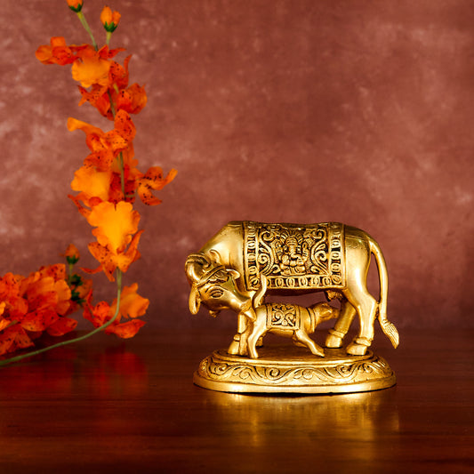 Kamdhenu Cow Brass Statue 5" with Antique Polish