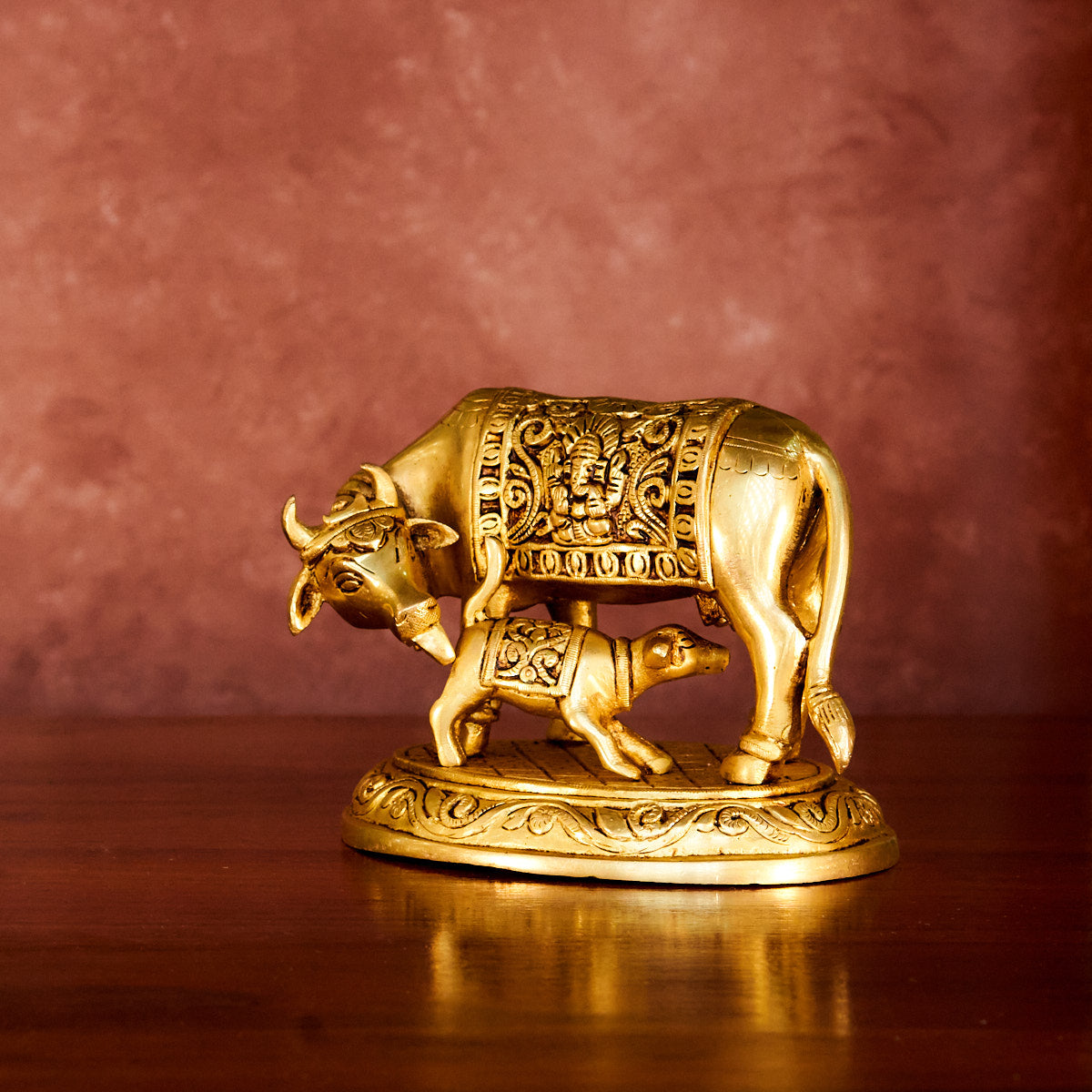 Kamdhenu Cow Brass Statue 5" with Antique Polish
