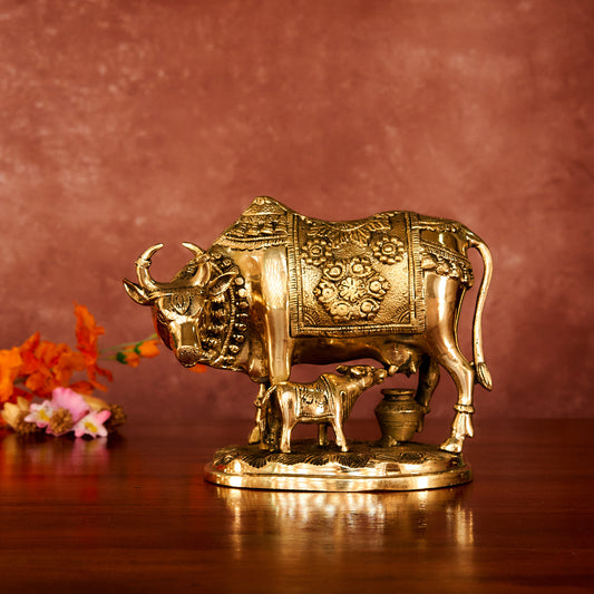 Kamdhenu Cow Brass Statue 7" with Antique Polish