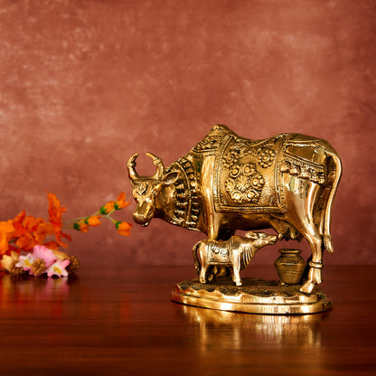Kamdhenu Cow Brass Statue 7" with Antique Polish