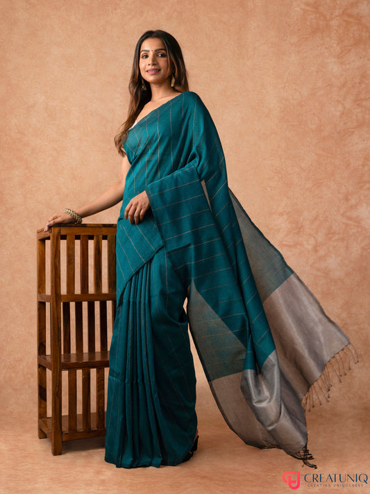 Katia Strip Bengal Handloom Pure Mul Cotton Saree – Blue & Grey