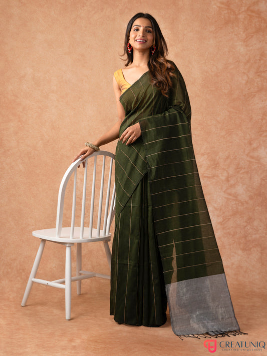 Katia Strip Bengal Handloom Pure Mul Cotton Saree – Green & Grey