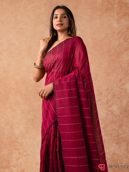Katia Strip Bengal Handloom Pure Mul Cotton Saree – Red & Grey