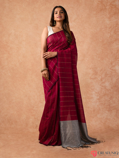 Katia Strip Bengal Handloom Pure Mul Cotton Saree – Red & Grey