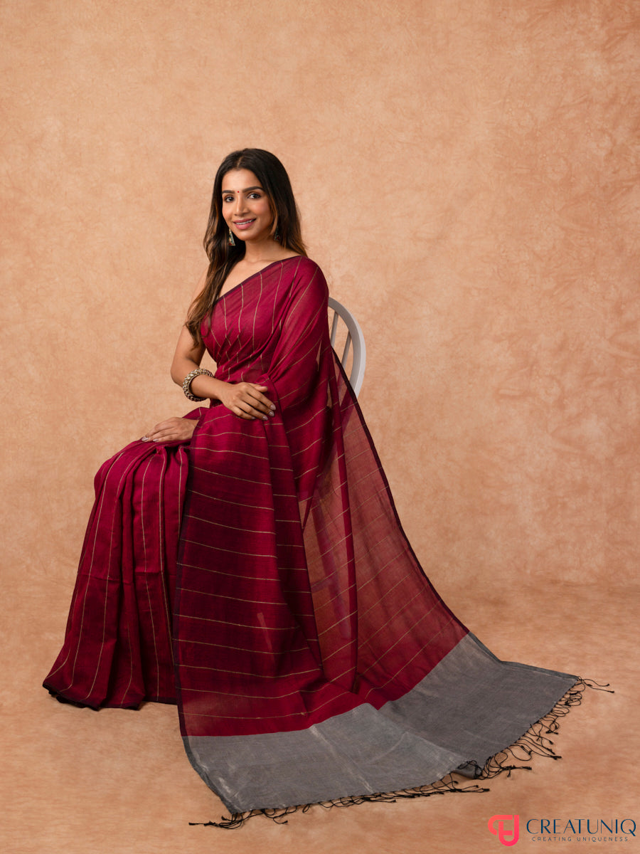 Katia Strip Bengal Handloom Pure Mul Cotton Saree – Red & Grey