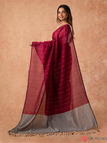 Katia Strip Bengal Handloom Pure Mul Cotton Saree – Red & Grey