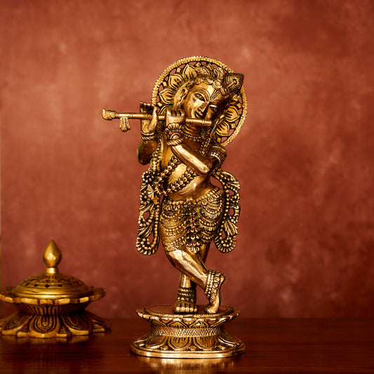 Krishna Brass Idol 11" with Antique Polish