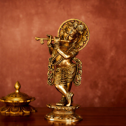 Krishna Brass Idol 11" with Antique Polish