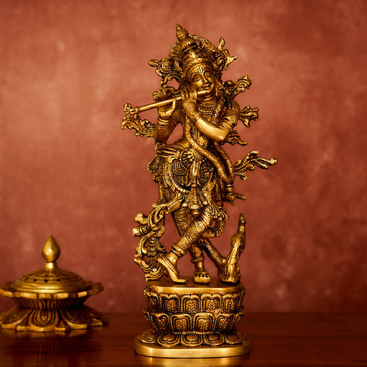 Krishna Brass Idol 12" with Antique Polish
