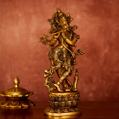 Krishna Brass Idol 12" with Antique Polish