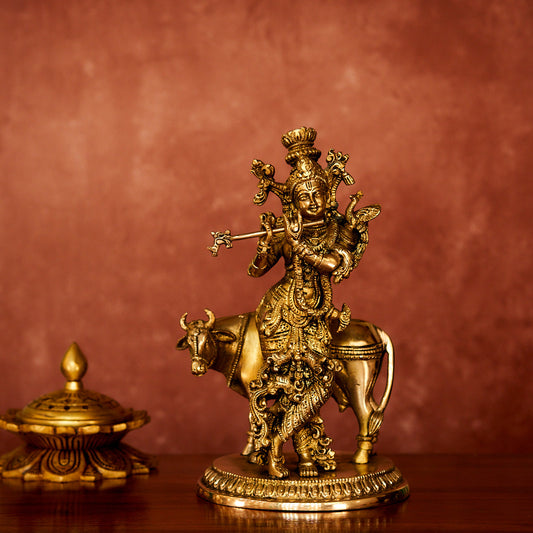 Krishna with Cow Brass Statue 10" with Antique Polish