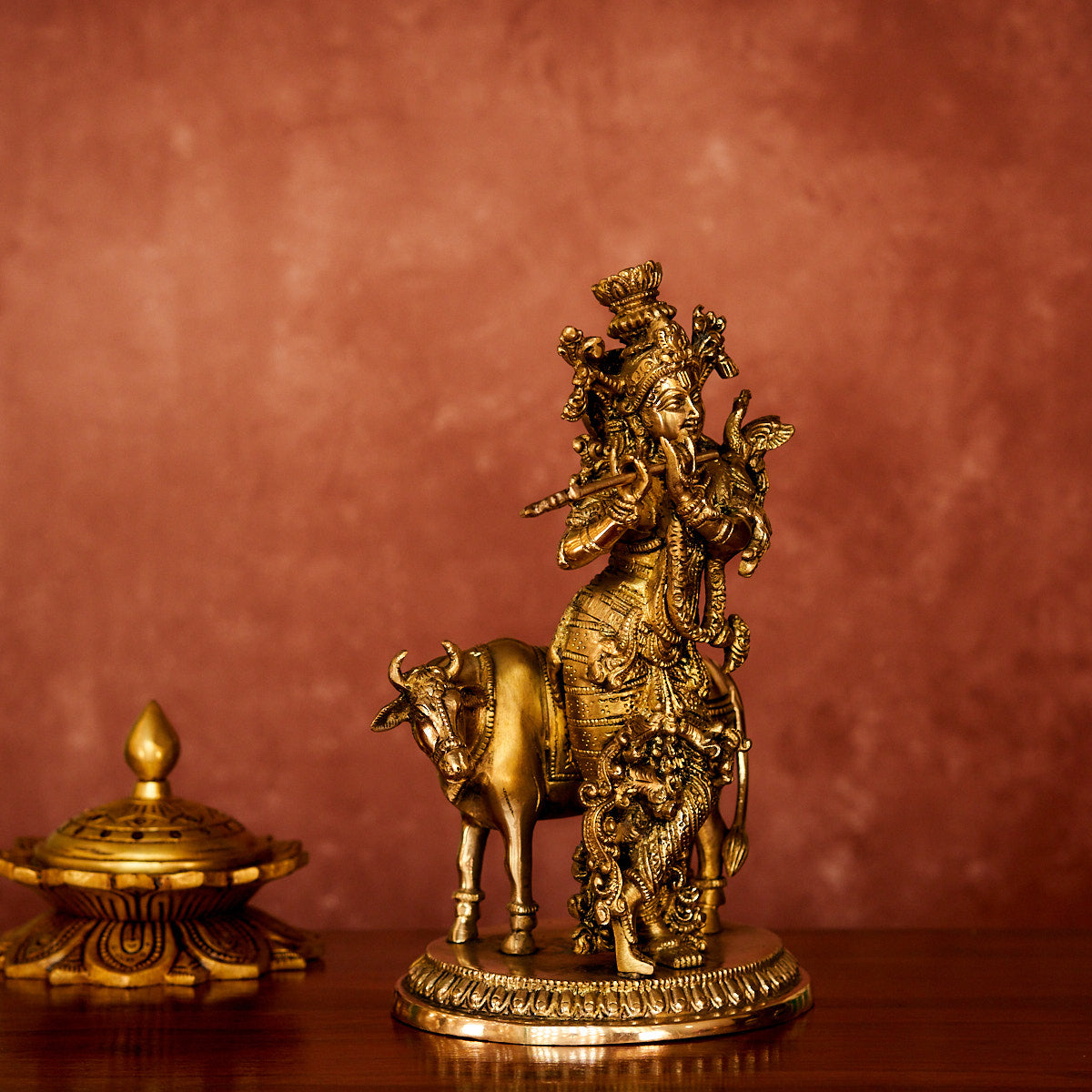 Krishna with Cow Brass Statue 10" with Antique Polish