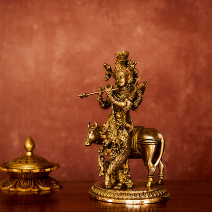 Krishna with Cow Brass Statue 10" with Antique Polish