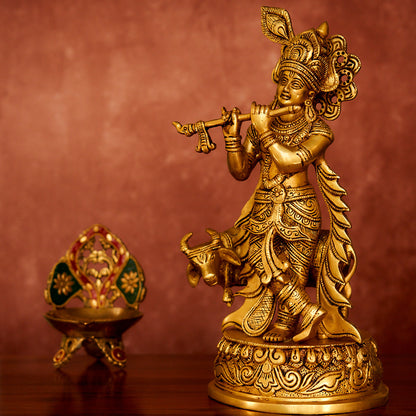 Krishna with Cow Brass Statue 13" with Antique Polish