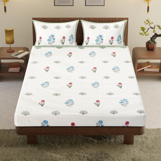 Leaf and Bloom Hand Block Printed Cotton Bedsheet