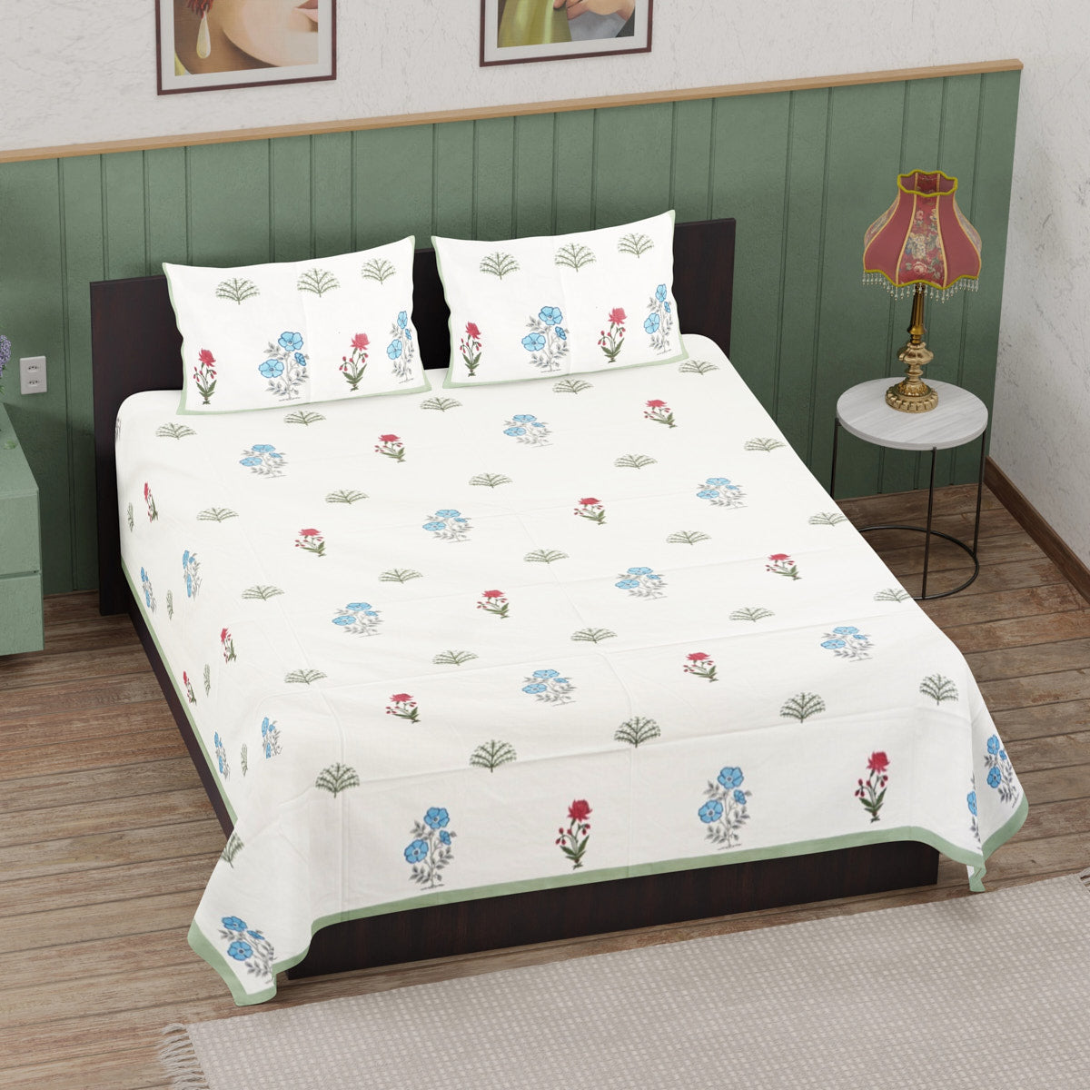 Leaf and Bloom Hand Block Printed Cotton Bedsheet