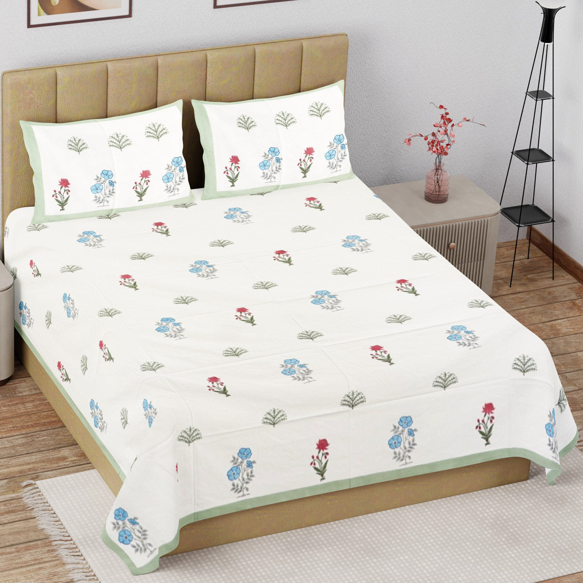 Leaf and Bloom Hand Block Printed Cotton Bedsheet