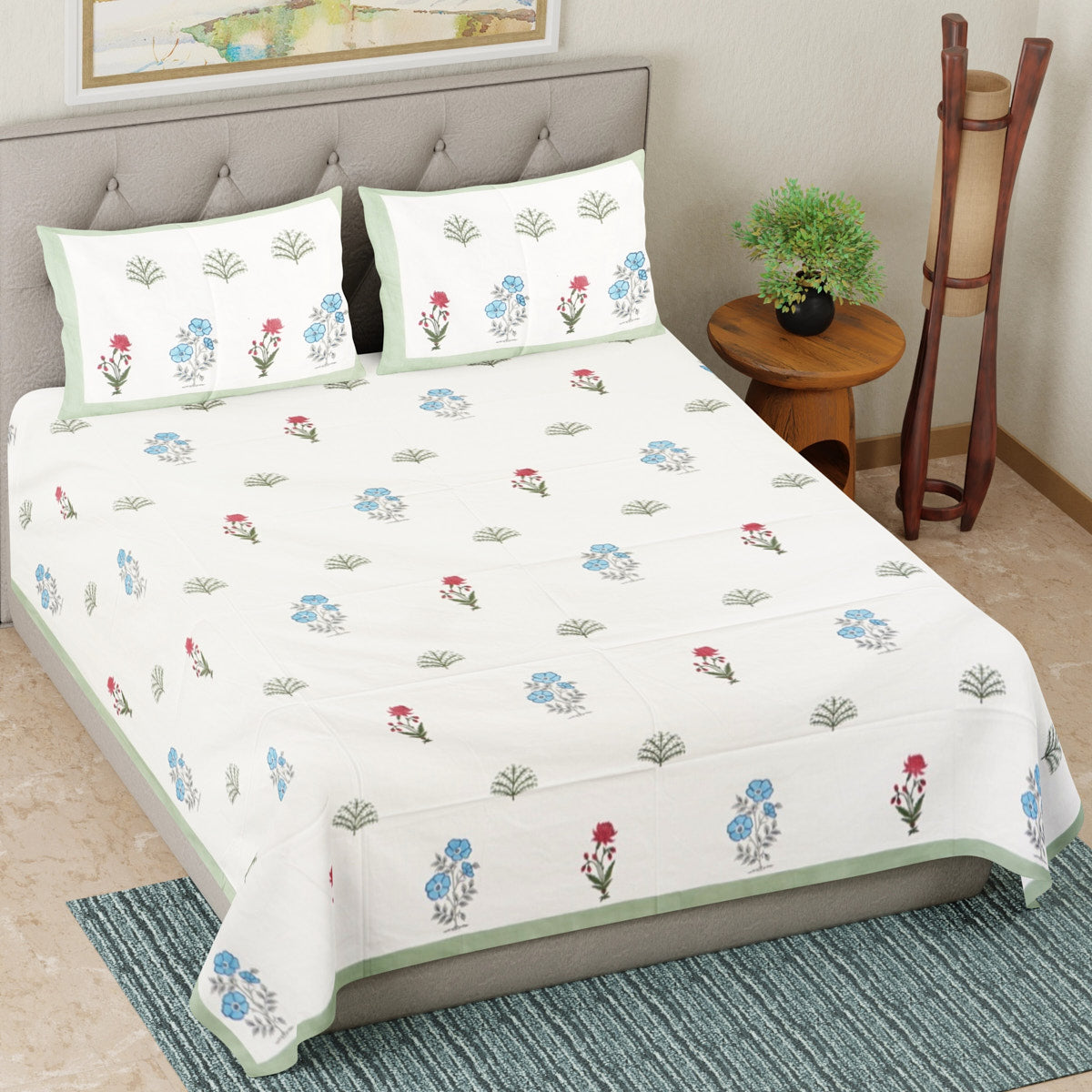 Leaf and Bloom Hand Block Printed Cotton Bedsheet