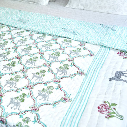 Leopard and Floral Reversible Hand Block Printed Cotton Quilt
