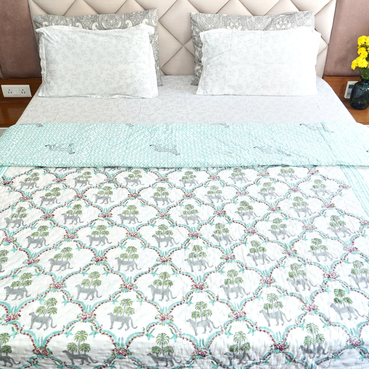 Leopard and Floral Reversible Hand Block Printed Cotton Quilt