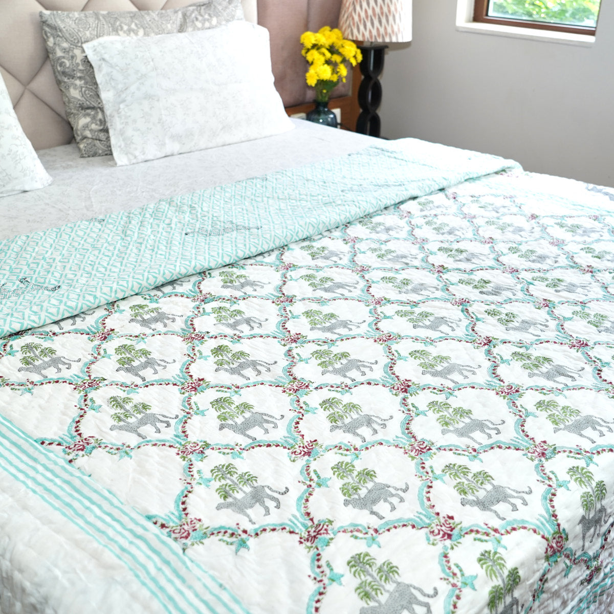 Leopard and Floral Reversible Hand Block Printed Cotton Quilt