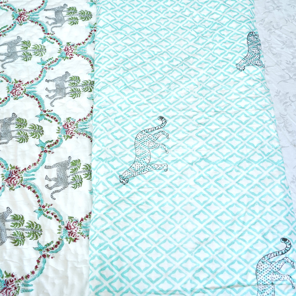 Leopard and Floral Reversible Hand Block Printed Cotton Quilt