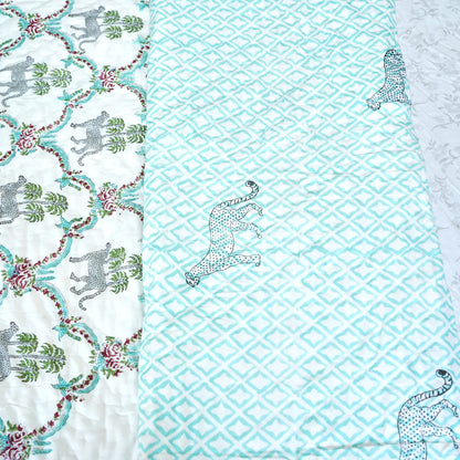Leopard and Floral Reversible Hand Block Printed Cotton Quilt