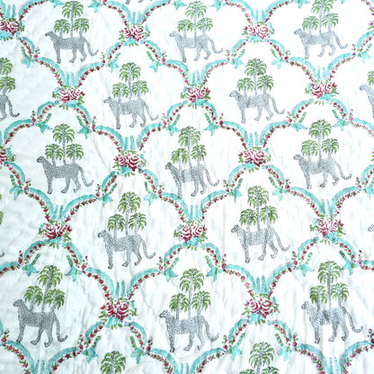 Leopard and Floral Reversible Hand Block Printed Cotton Quilt