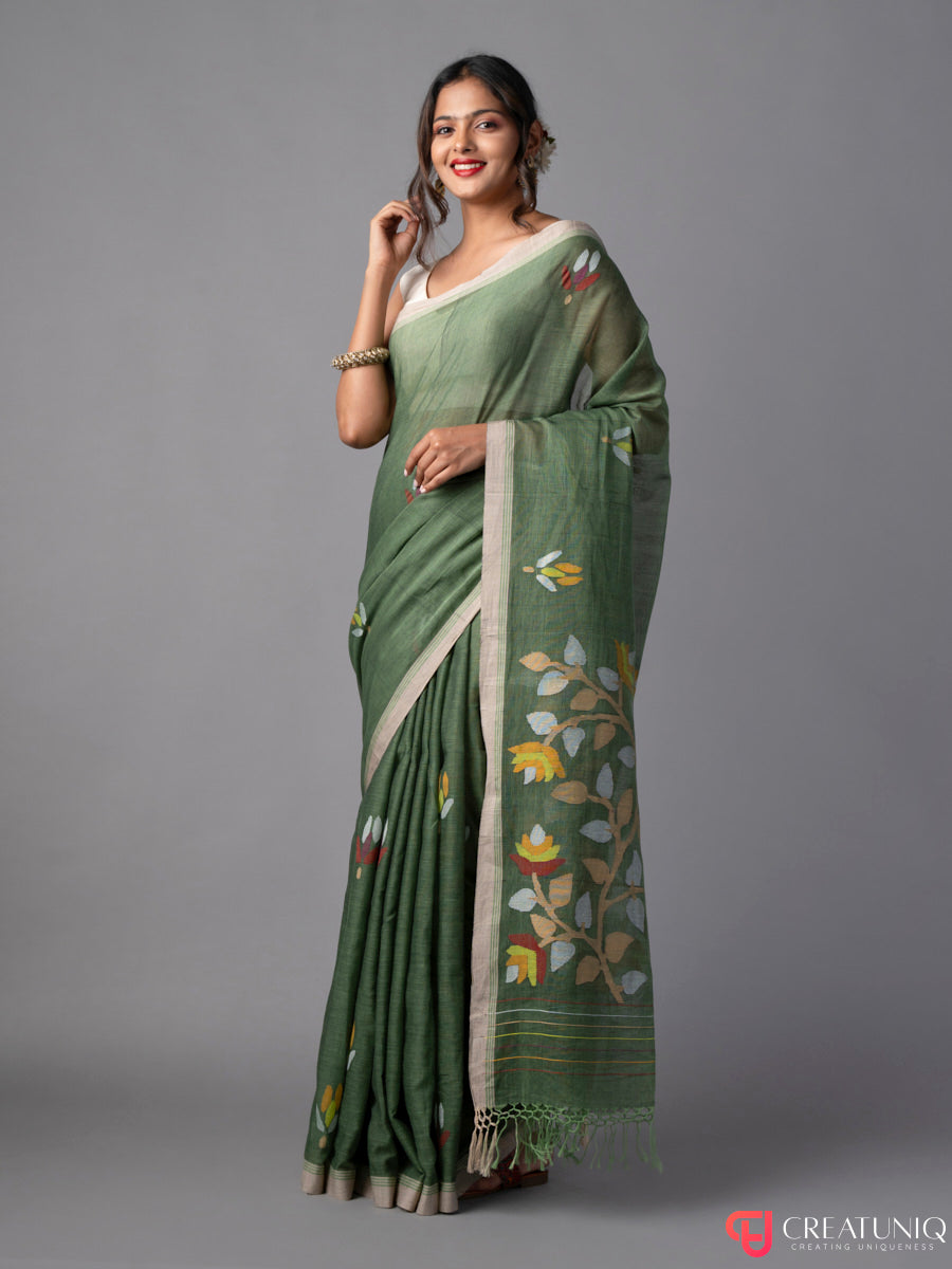 Lite Green Floral Jamdani Saree in Pure Cotton