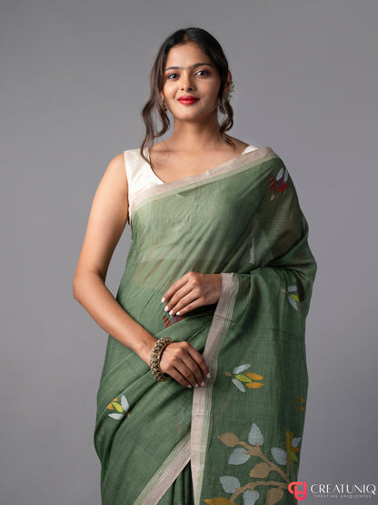 Lite Green Floral Jamdani Saree in Pure Cotton