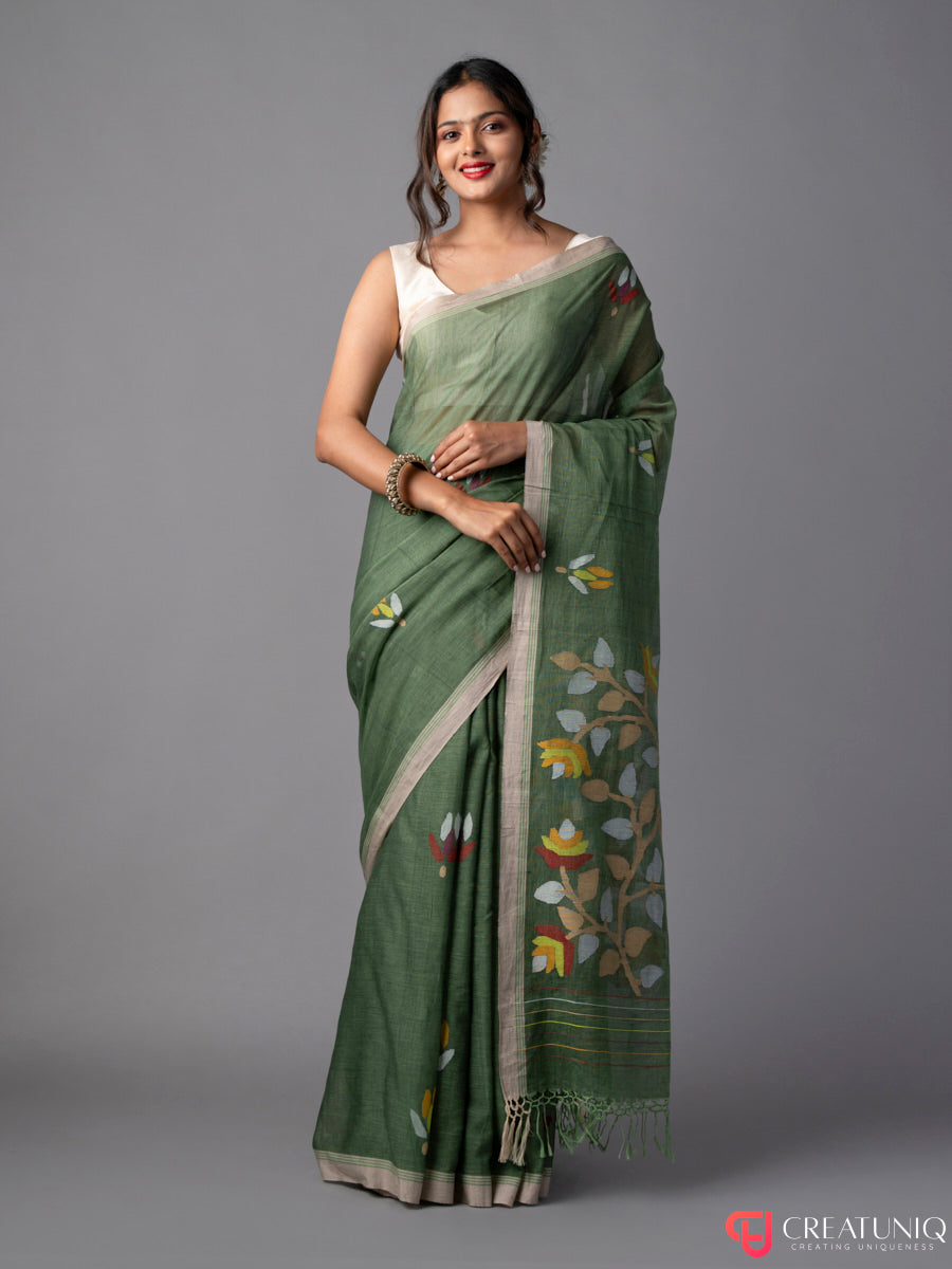 Lite Green Floral Jamdani Saree in Pure Cotton