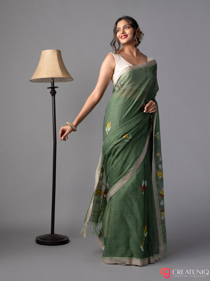 Lite Green Floral Jamdani Saree in Pure Cotton