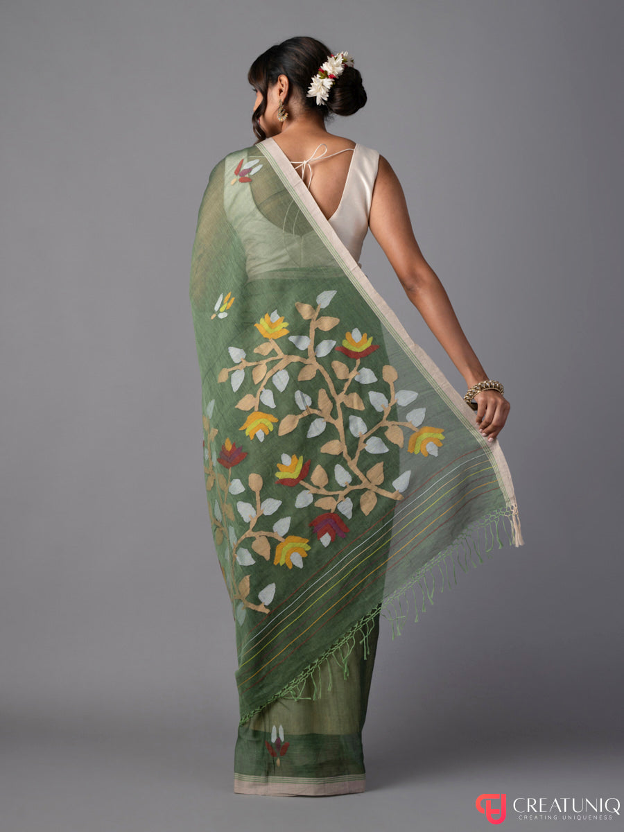 Lite Green Floral Jamdani Saree in Pure Cotton