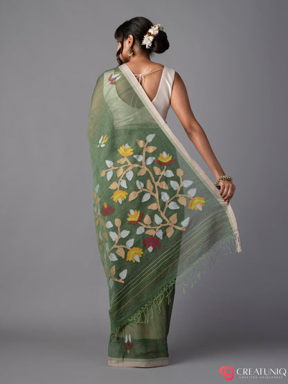 Lite Green Floral Jamdani Saree in Pure Cotton