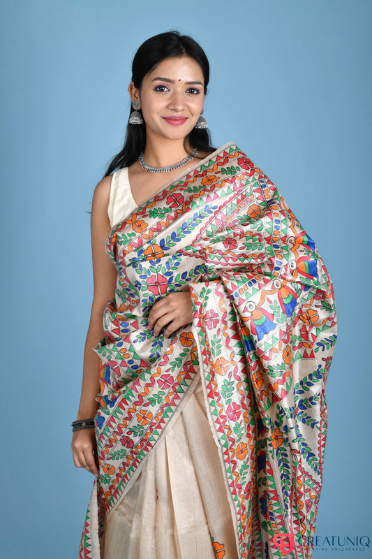 Madhubani Art Pure Silk Saree with Exquisite Hand-Painted Florals and Birds