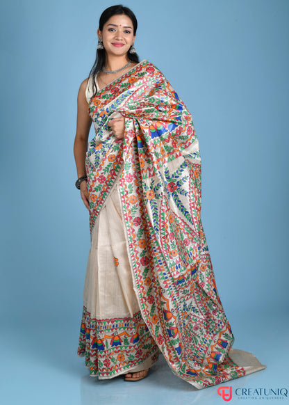 Madhubani Art Pure Silk Saree with Exquisite Hand-Painted Florals and Birds