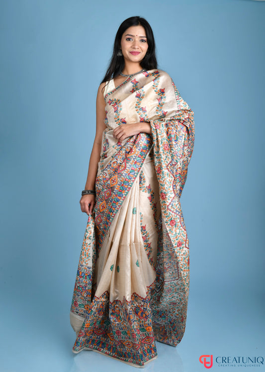 Madhubani Art Pure Silk Saree with Exquisite Hand-Painted Florals and Fishes