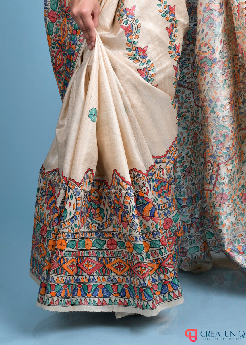 Madhubani Art Pure Silk Saree with Exquisite Hand-Painted Florals and Fishes