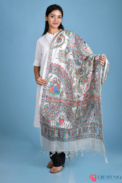 Madhubani Hand-Painted Pure Tussar Silk Dupatta – Floral Motifs