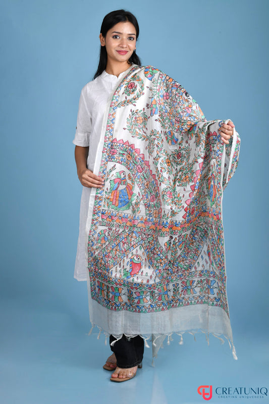 Madhubani Hand-Painted Pure Tussar Silk Dupatta – Floral Motifs
