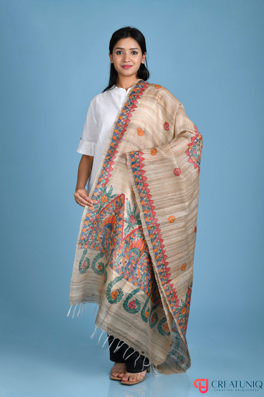 Madhubani Hand-Painted Tussar Ghicha Silk Dupatta – Floral Heritage