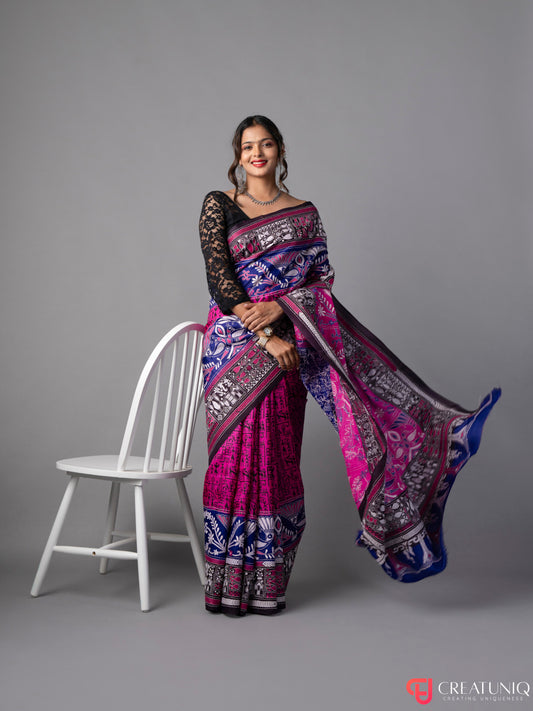 Magenta-Blue Kantha Batik Pure Silk Saree