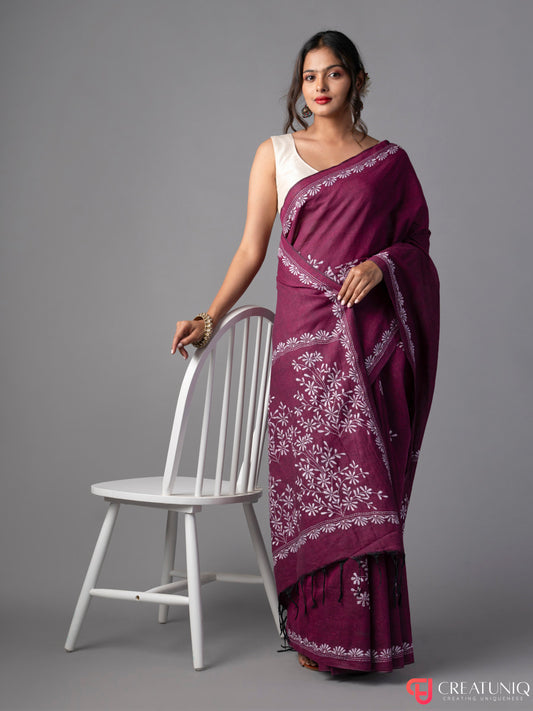 Magenta Khadi Saree with White Floral Kantha Work