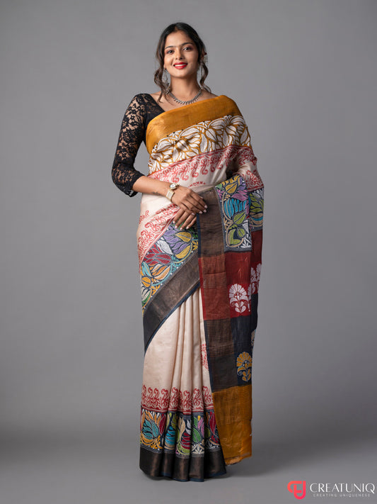 Multicolor Florals and Shankh Kantha Pure Silk Saree