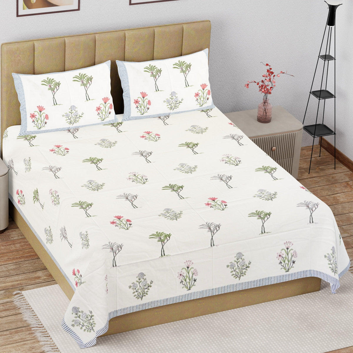Nature’s Bloom Hand Block Printed Cotton Bedsheet