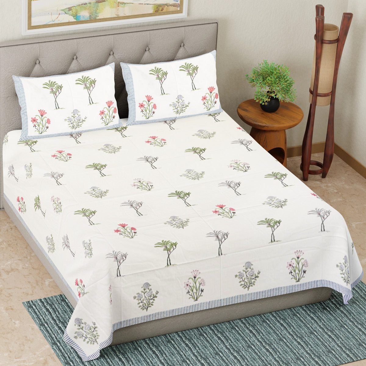 Nature’s Bloom Hand Block Printed Cotton Bedsheet