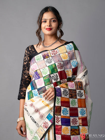 Off White Kantha Saree with Block Embroidery in Pure Silk